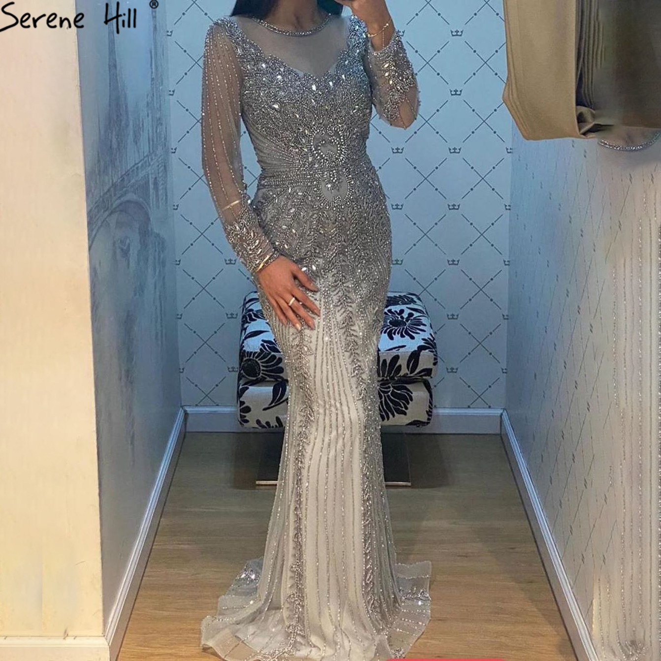 Serene Hill-그레이 두바이 럭셔리 머메이드 이브닝 드레스, 긴팔 다이아몬드 비딩 포멀 여성 우아한 파티 가운, 2020 BLA70443